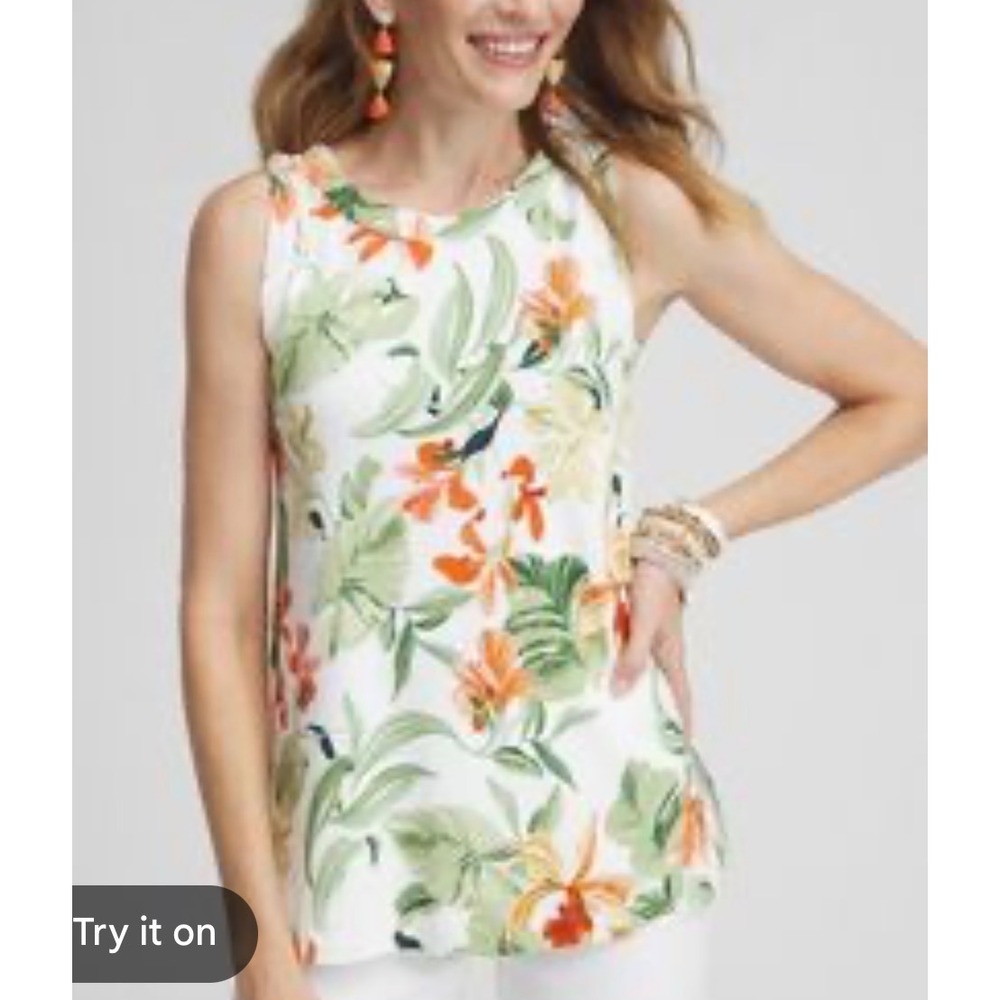 Chicos Tropical Floral Pima Cotton Tank Top White Orange Green Size 2 L Hawaiian